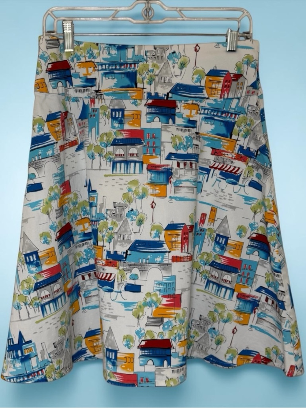 Spencer Jeremy A-Line Skirt Cityscape Scenic Novelty Print Art To Wear Sz 8 Vtg